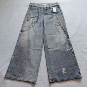 Fire Rain Women Baggy Jeans Size 9 Acid Wash Denim Low Rise Chain Y2K Street NWT